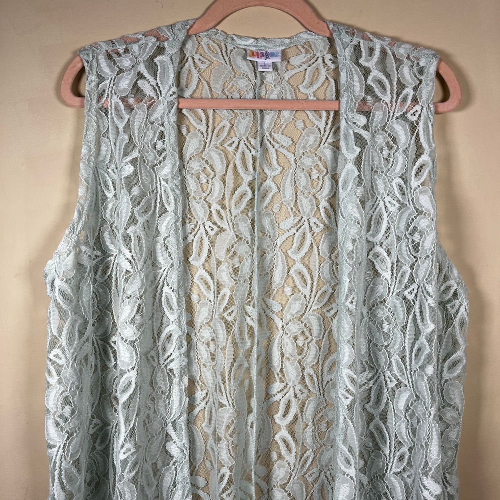 LuLaRoe Joy Mint Green Floral Lace Longline Duster Vest Cardigan L Festival Boh0 - Picture 4 of 9